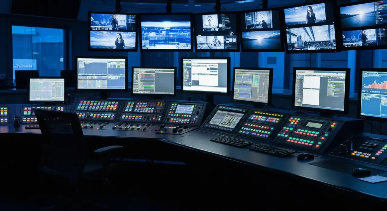 Regia televisiva vuota con monitor accesi, simbolo del giornalismo d'inchiesta sotto pressione