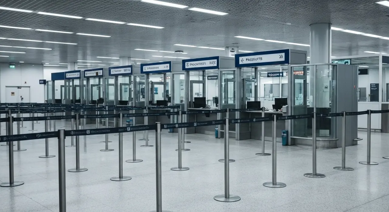 Postazioni di controllo passaporti vuote in un terminal aeroportuale europeo