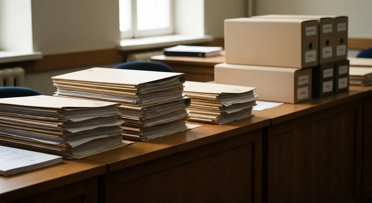 Fascicoli e faldoni accatastati sulla scrivania di un ufficio amministrativo