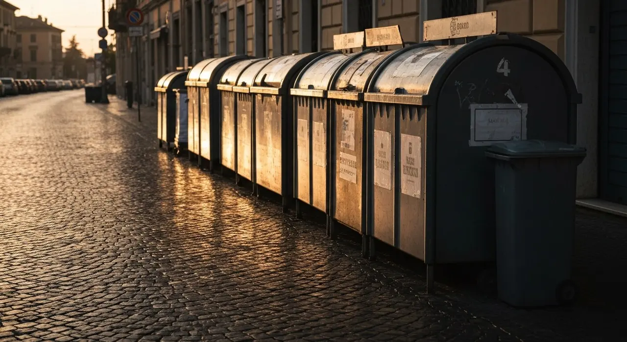 Cassonetti per la raccolta differenziata degli abiti usati sul marciapiede di una citta italiana all alba
