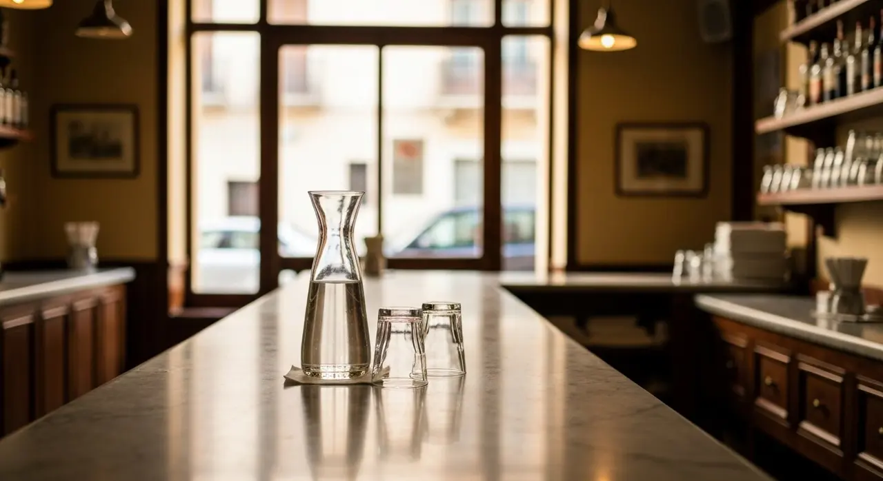 Caraffa di vetro con acqua nei bar italiani, sul bancone di marmo accanto a due bicchieri