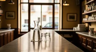 Caraffa di vetro con acqua nei bar italiani, sul bancone di marmo accanto a due bicchieri