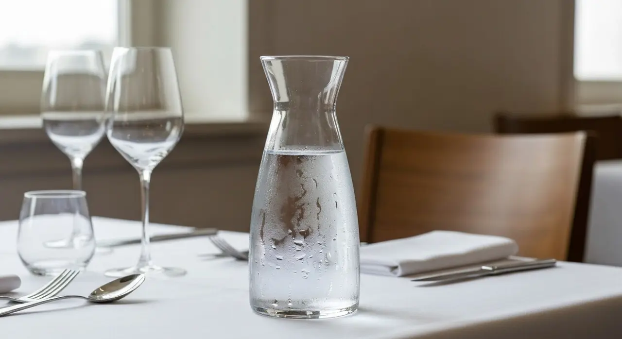 Caraffa di vetro appannata piena di acqua su un tavolo di ristorante apparecchiato con tovaglia bianca