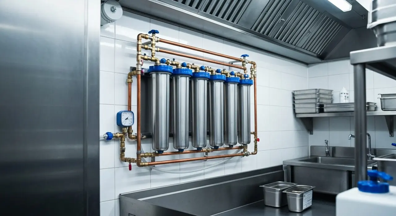 Impianto di microfiltrazione dell acqua in acciaio inox nel retro di una cucina di ristorante