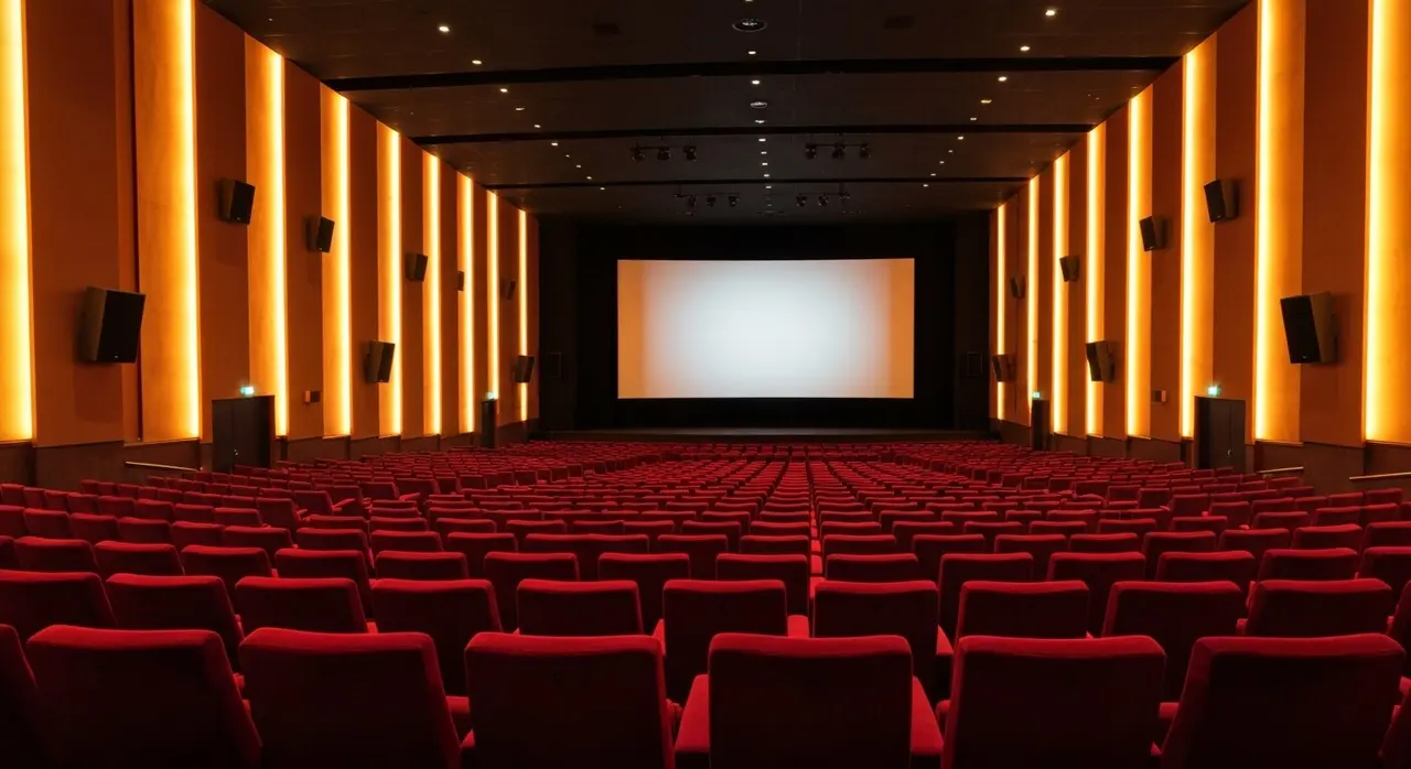 Sala cinematografica italiana vuota con poltrone rosse, simbolo del box office estate 2026