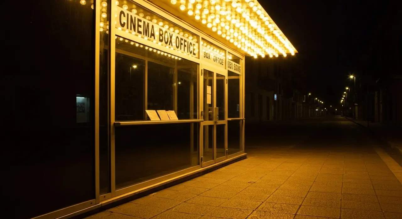 Botteghino illuminato di un cinema italiano di sera, con insegna luminosa sopra la vetrina