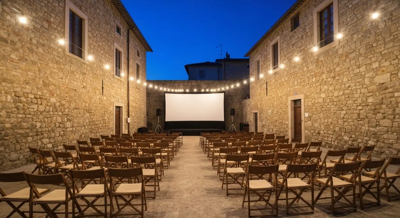 Arena estiva all'aperto con sedie vuote davanti a un grande schermo bianco sotto il cielo notturno