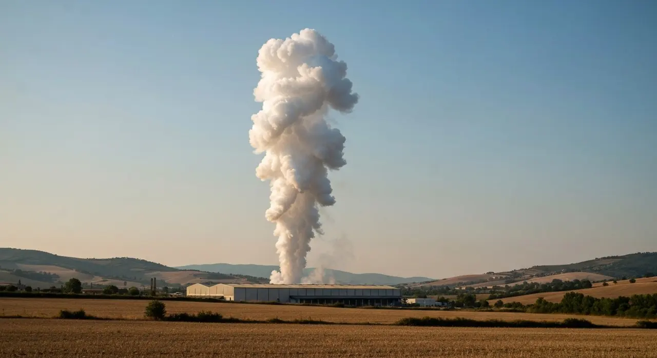Esplosione a Colleferro: colonna di fumo bianco sopra lo stabilimento di munizioni nella valle del Sacco