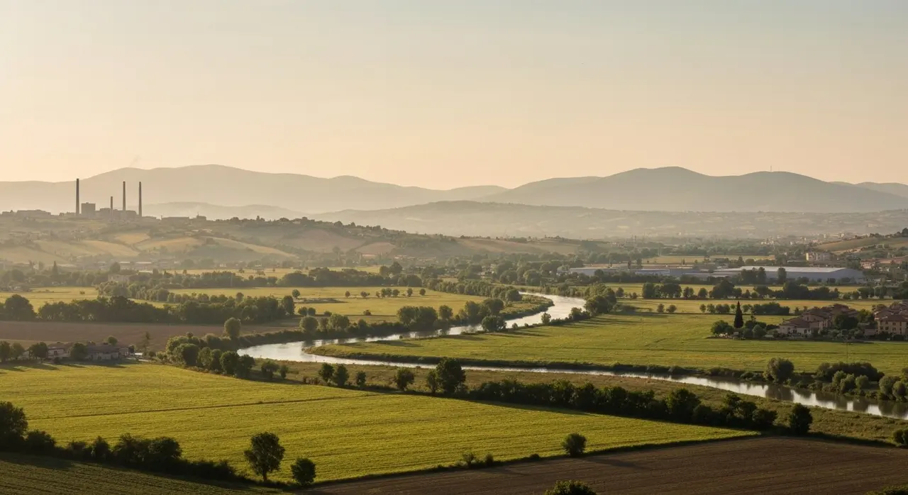 La valle del Sacco tra Colleferro e Anagni con campi coltivati e capannoni industriali all'orizzonte
