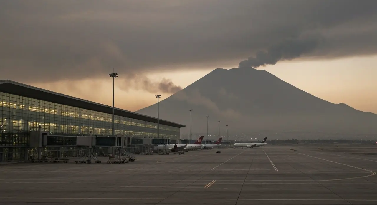 Aeroporto di Catania chiuso: piazzale deserto e foschia di cenere dell Etna al tramonto