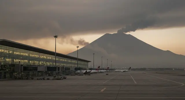 Aeroporto di Catania chiuso: piazzale deserto e foschia di cenere dell Etna al tramonto