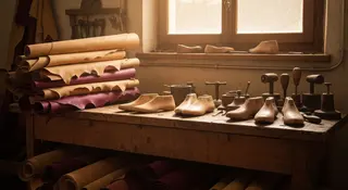 Banco di lavoro con pellami e forme in legno in un calzaturificio artigiano: la moda marchigiana esporta oltre 340 milioni in Francia
