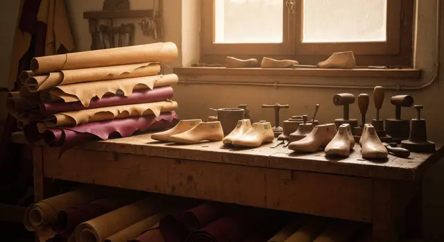 Banco di lavoro con pellami e forme in legno in un calzaturificio artigiano: la moda marchigiana esporta oltre 340 milioni in Francia