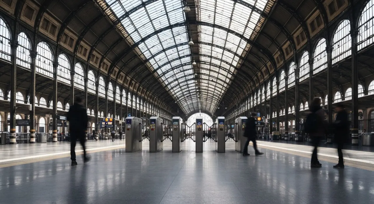 Atrio di una grande stazione ferroviaria italiana all alba con viaggiatori sfocati in lontananza