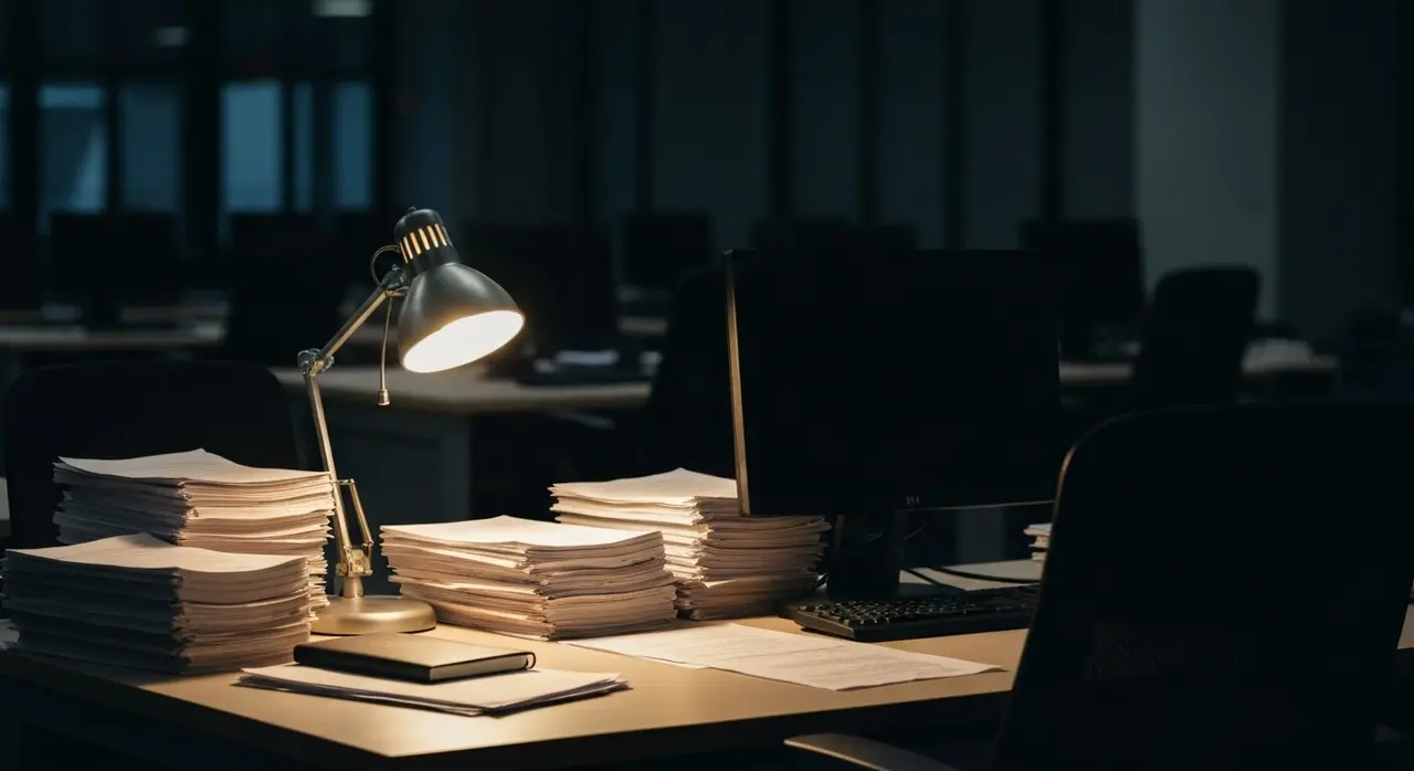 Scrivania di redazione deserta di notte con documenti e monitor spento, immagine del giornalismo d inchiesta sotto pressione