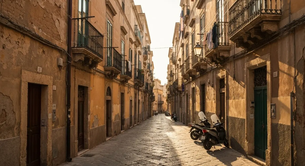 Vicolo del centro storico di Palermo al tramonto, ambientazione del film Kettice di Giovanni Tortorici