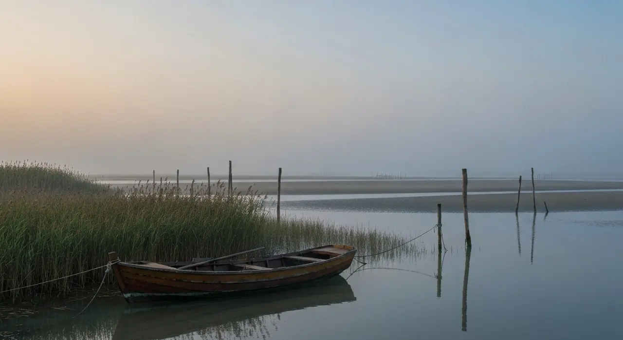 Laguna veneziana all alba con una barca di legno ormeggiata fra i canneti, paesaggio del cortometraggio Mutrion