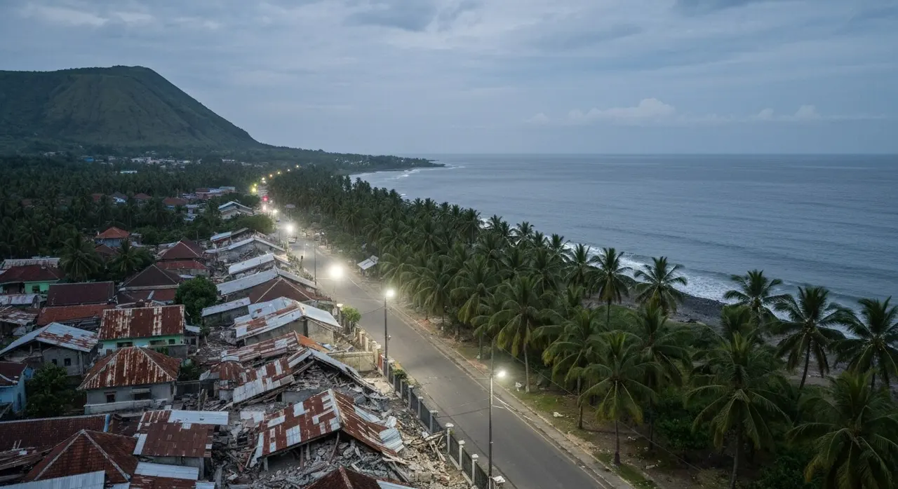 Terremoto a Flores: case crollate lungo la strada costiera dell isola indonesiana all alba