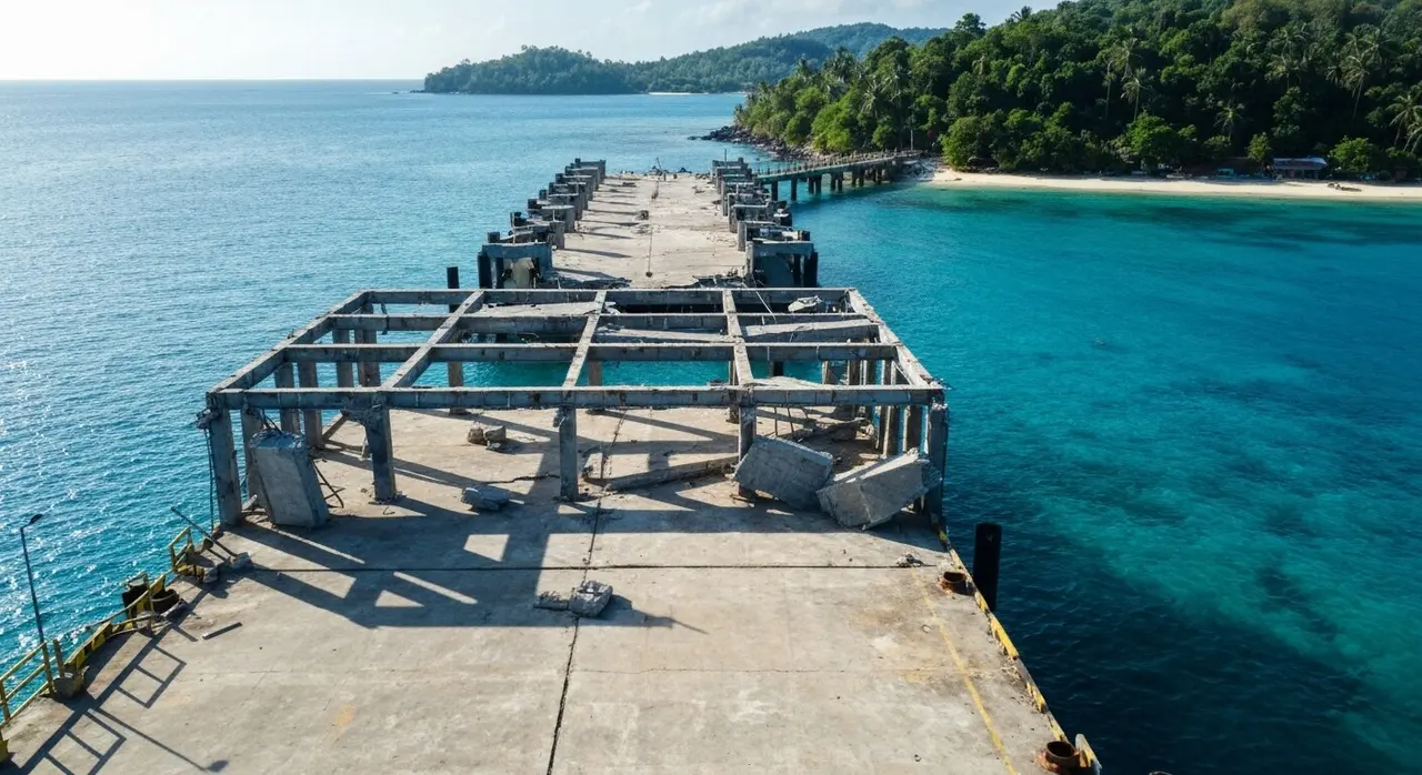 Porto traghetti indonesiano danneggiato dal sisma, con il molo lesionato e la tettoia del terminal crollata