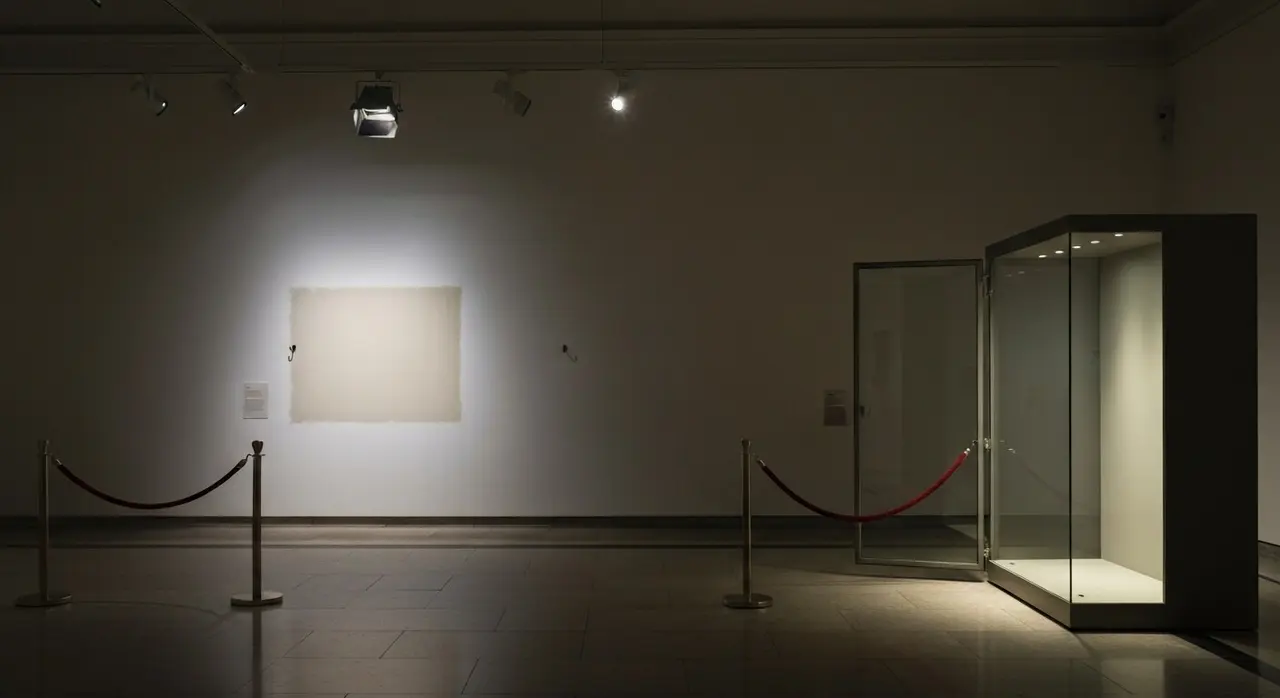 Sala espositiva museale al buio con la parete vuota e la teca blindata aperta dopo il furto delle opere