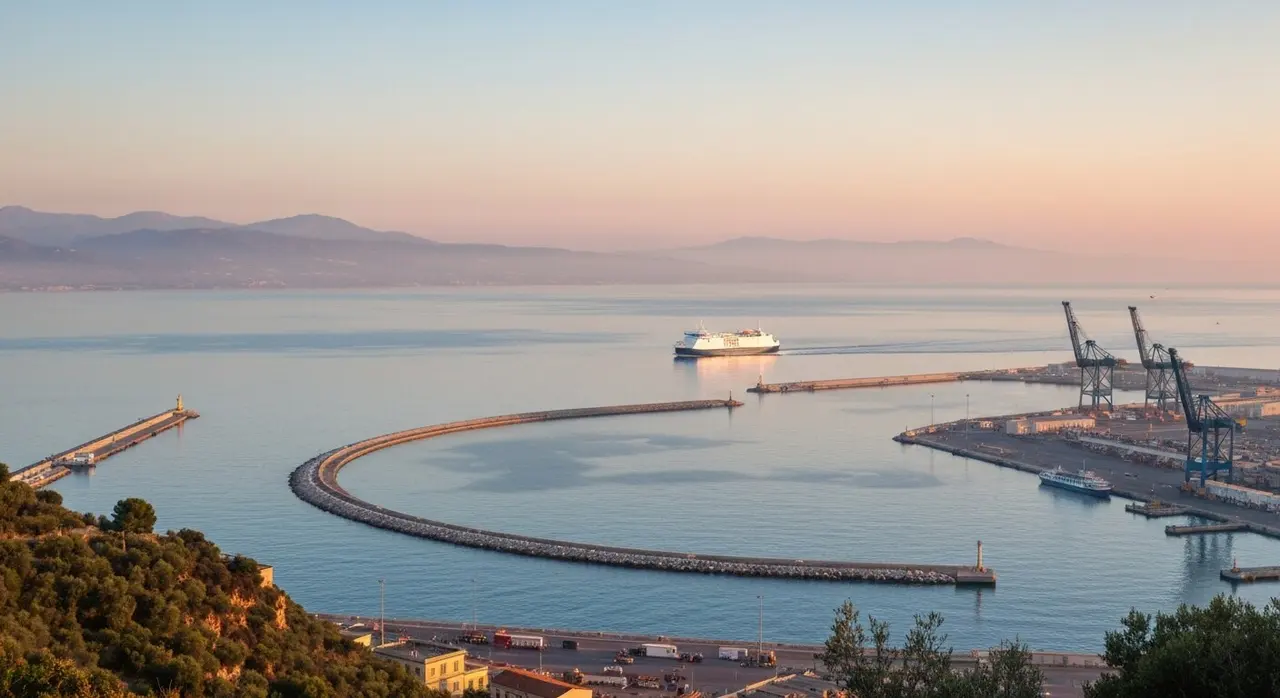Lo Stretto di Messina all alba con un traghetto in transito verso la Calabria e il porto falcato