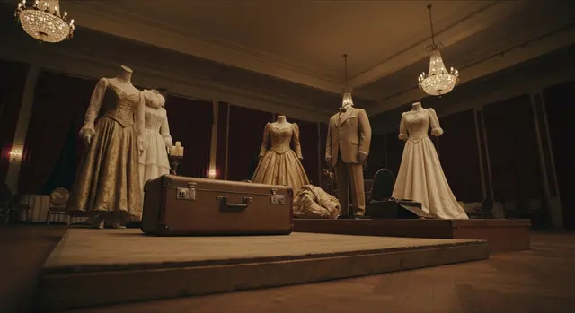 Sala storica allestita con abiti d'epoca su manichini, immagine simbolo della moda italiana in Canada in mostra a Montreal
