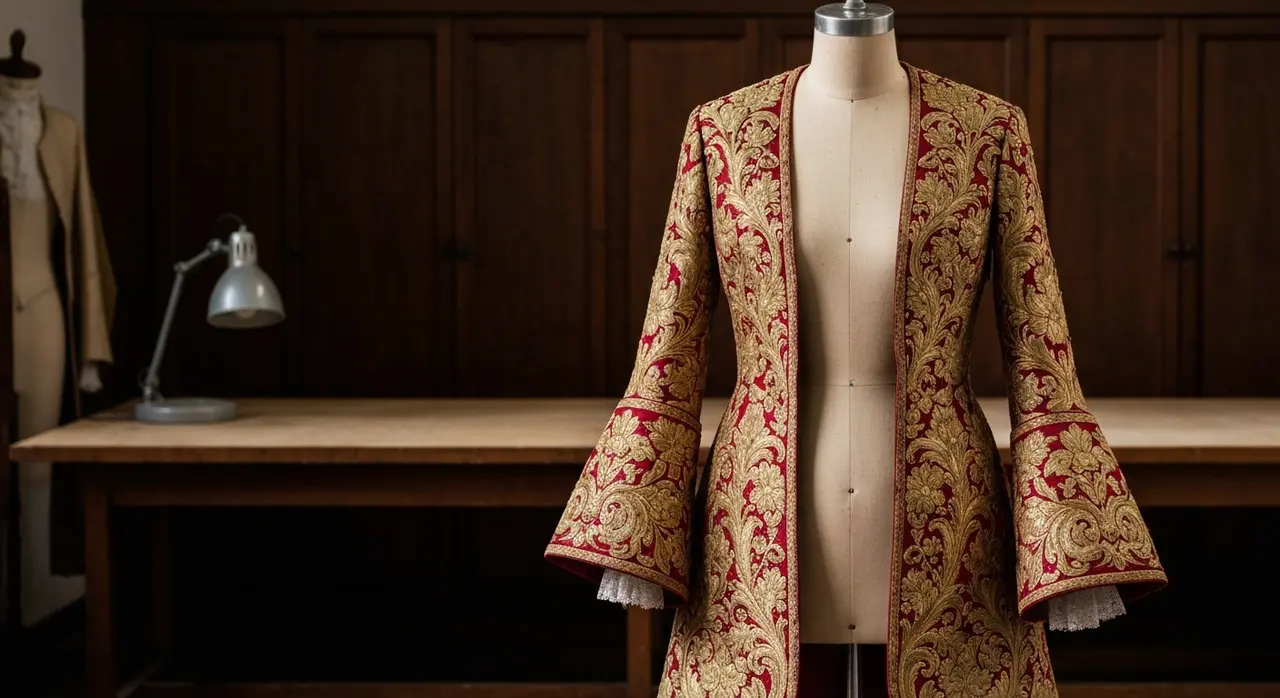 Abito di scena in broccato ricamato oro e cremisi su manichino da sartoria, richiamo ai costumi del Casanova di Fellini esposti a Montreal