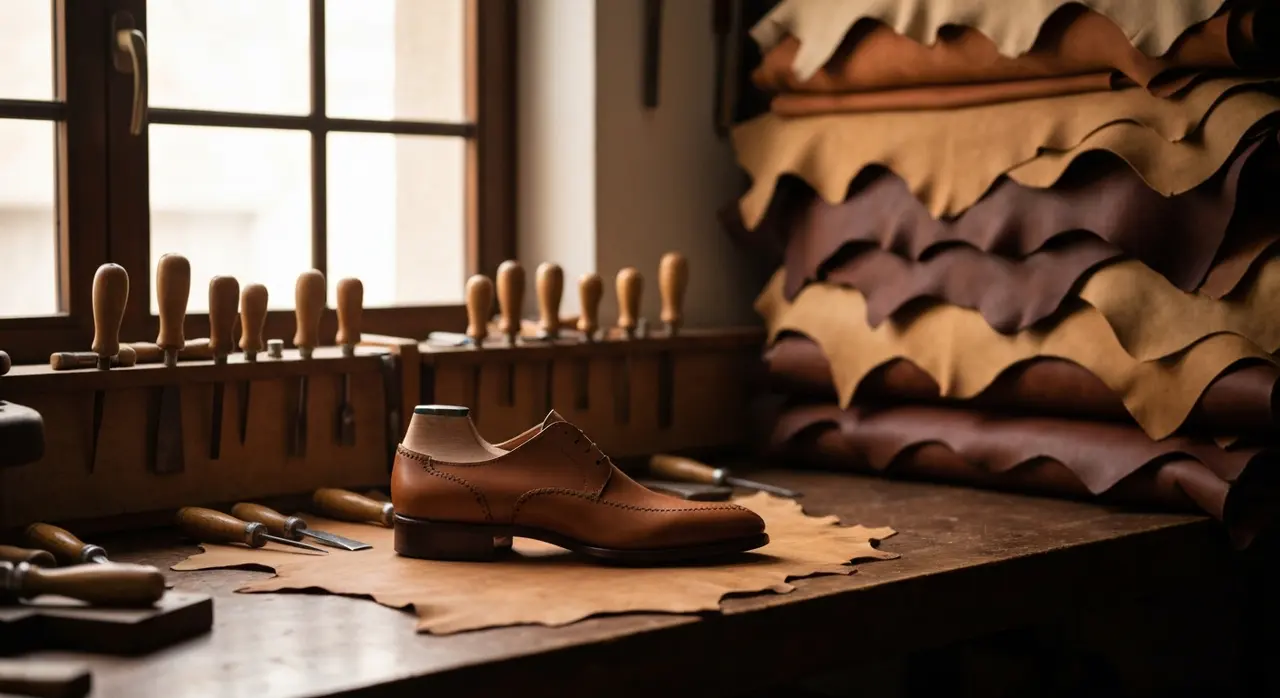 Banco di laboratorio artigiano italiano con pellami, ferri da calzolaio e una scarpa in lavorazione su forma di legno