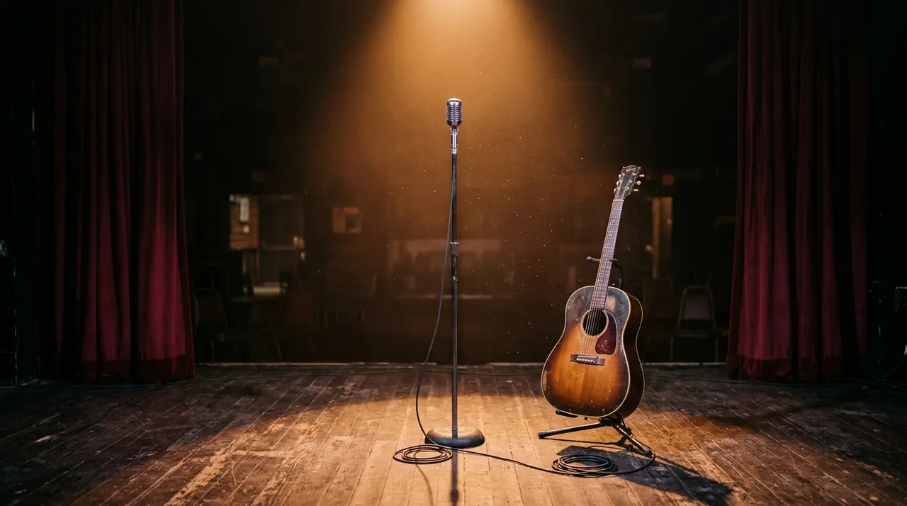 Palco di un piccolo locale di Nashville con microfono vintage e chitarra acustica sotto un faro ambrato