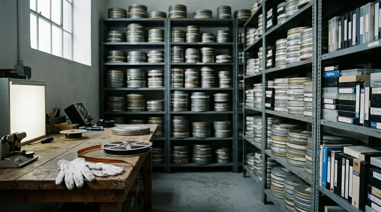 Archivio televisivo con scaffali di pellicole in latta e cassette, banco di lavoro con guanti di cotone