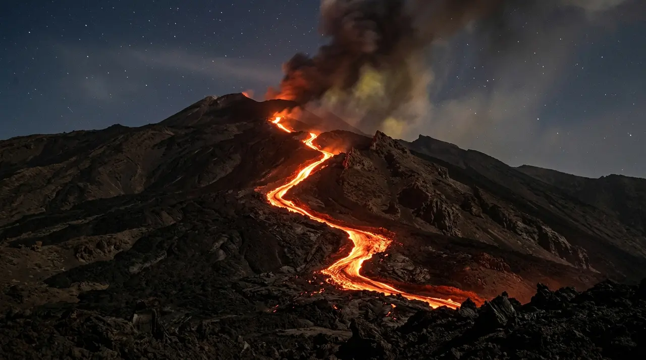 Colata lavica notturna dalla nuova bocca effusiva aperta nella Valle del Bove sull Etna