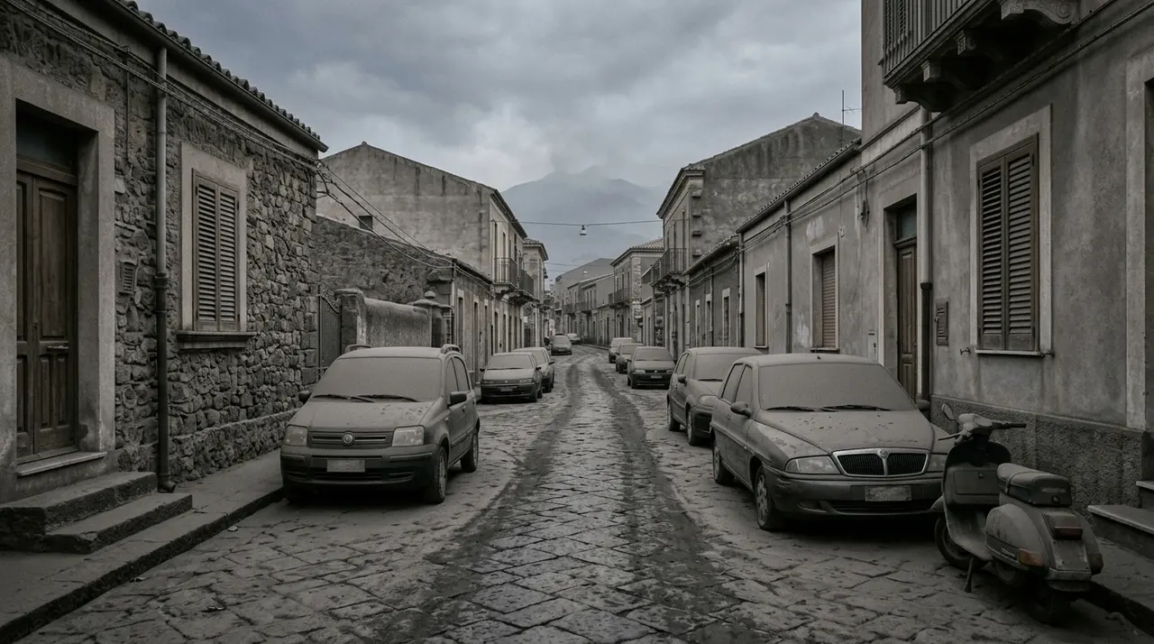 Strada di un comune etneo ricoperta di cenere vulcanica con automobili sepolte dalla polvere grigia