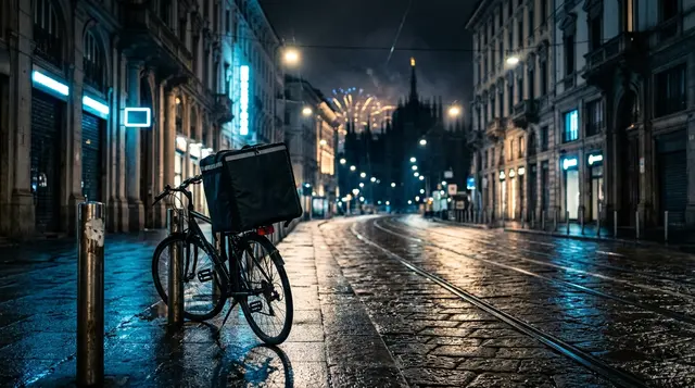 Rider a Venezia 83: bicicletta da consegne con zaino termico in una via di Milano deserta la notte di Capodanno