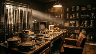 Morte di Fulvio Lucisano: sala di montaggio con moviola, bobine da 35 mm e pellicole in latta