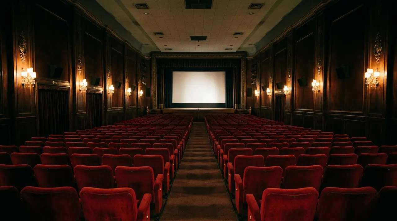 Sala cinematografica storica vuota con poltrone rosse in velluto e schermo bianco illuminato