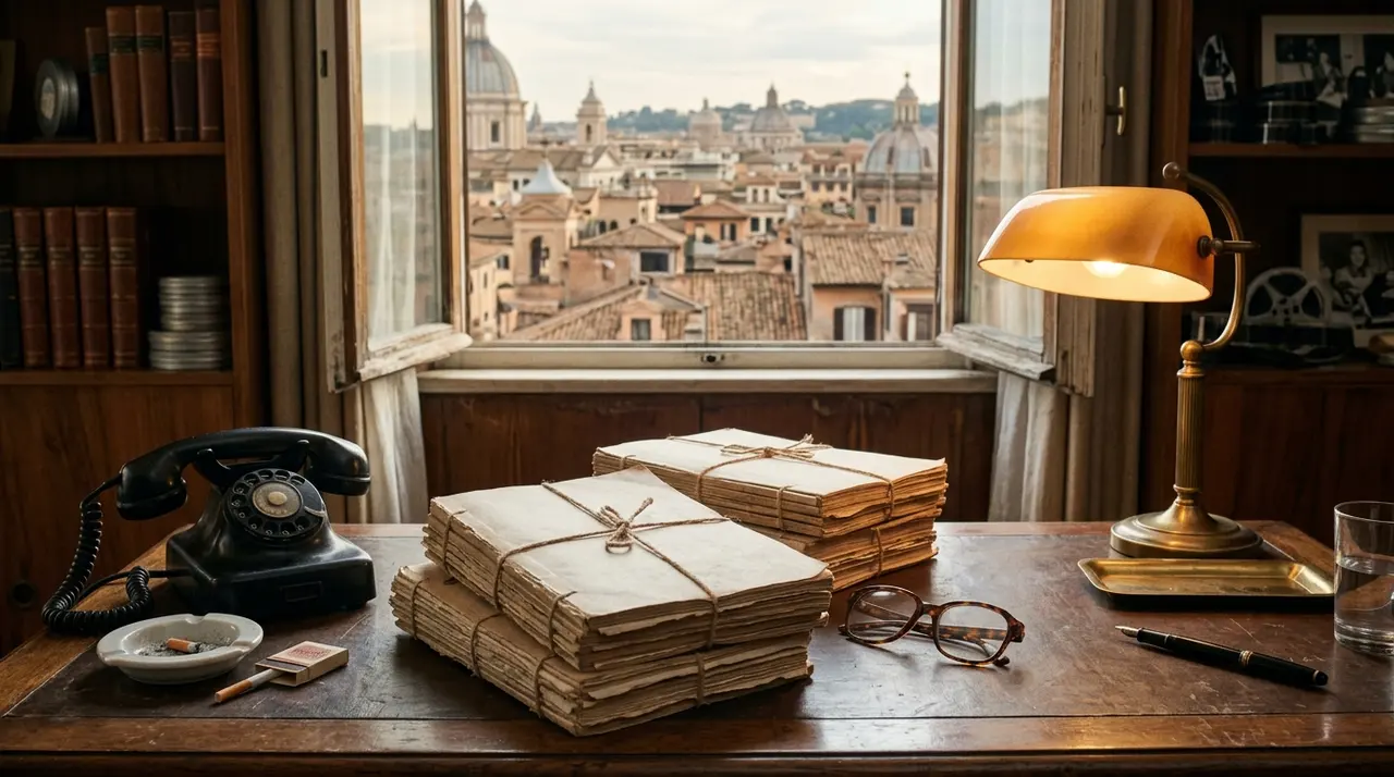 Scrivania di un produttore a Roma negli anni Settanta con copioni rilegati, telefono a disco e lampada in ottone