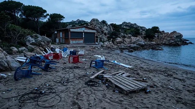 Spiaggia di Porto Istana all'alba dopo l'aggressione omofoba a Olbia, sedie rovesciate e cavi sulla sabbia
