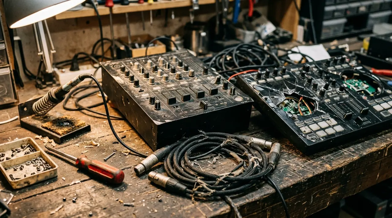 Mixer e controller audio danneggiati su un banco da lavoro dopo il pestaggio del collettivo queer a Porto Istana