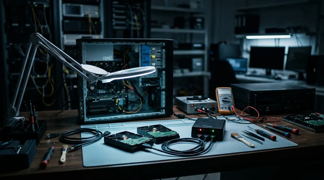 Banco di analisi forense con computer aperto e hard disk: il materiale informatico non acquisito e' al centro dell'istanza di riapertura