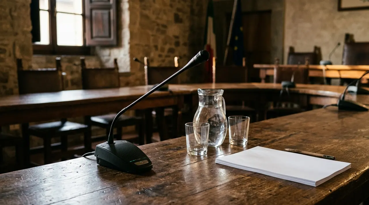 Tavolo del consiglio comunale di un piccolo comune italiano con microfono spento e sala deserta