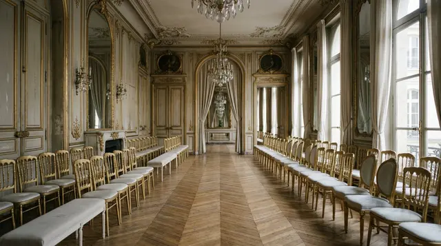 Salone dorato vuoto di una maison parigina prima di una sfilata, immagine delle relazioni pubbliche di Dior