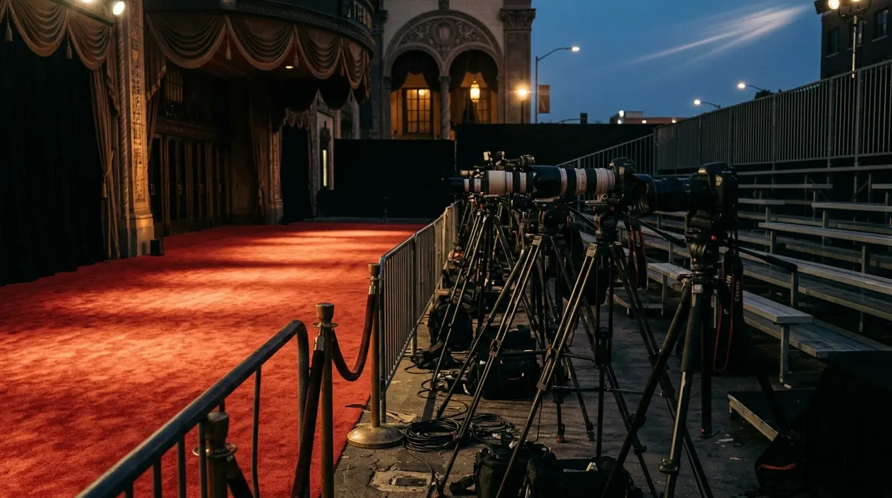 Red carpet deserto al tramonto con le fotocamere dei fotografi sui treppiedi nel press pit vuoto