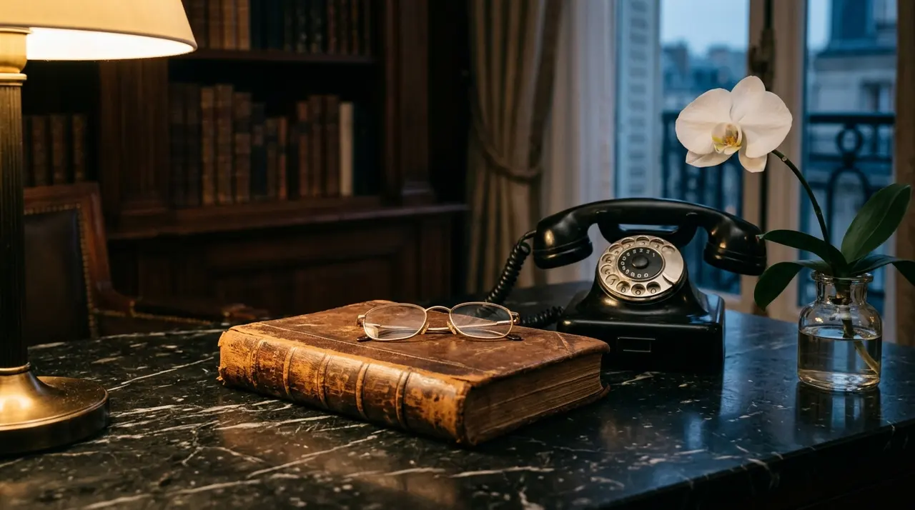 Rubrica in pelle chiusa accanto a un telefono a disco su una scrivania in marmo scuro a Parigi