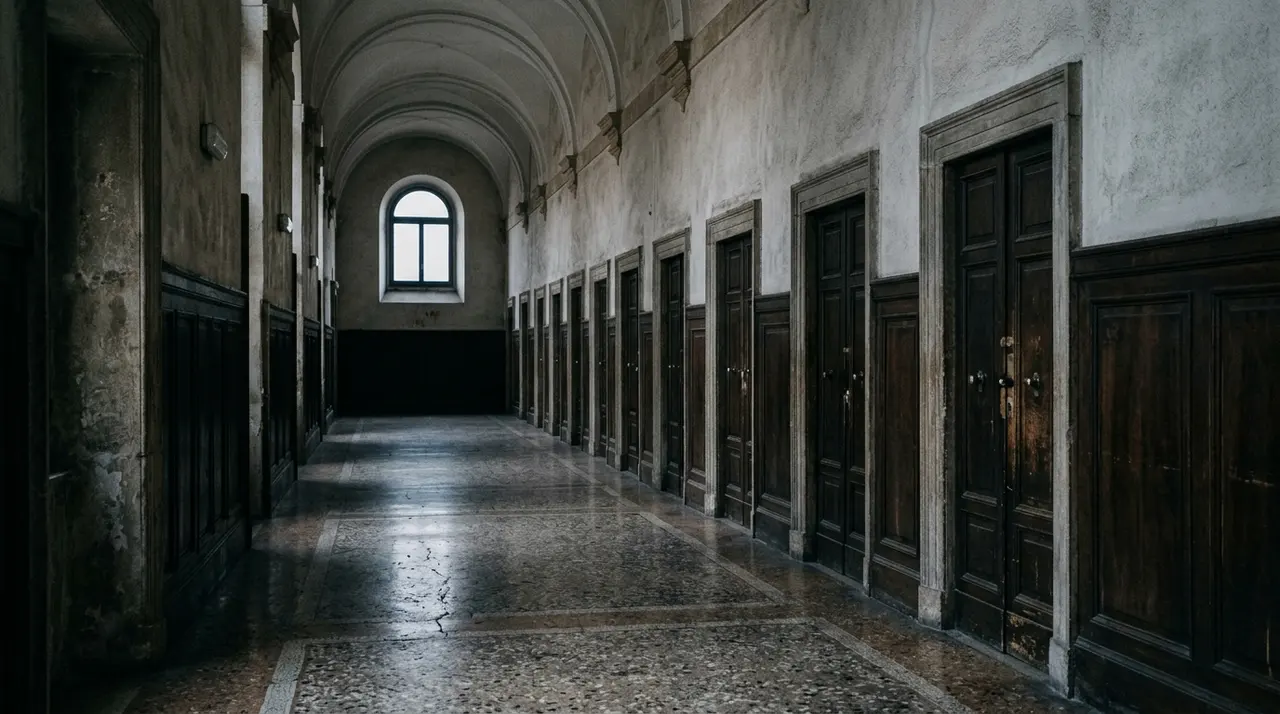 Corridoio deserto di un tribunale, immagine simbolica del femminicidio di Tania Terrin e dell ispezione ministeriale in Procura a Venezia