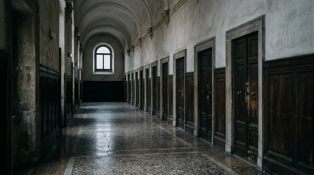 Corridoio deserto di un tribunale, immagine simbolica del femminicidio di Tania Terrin e dell ispezione ministeriale in Procura a Venezia