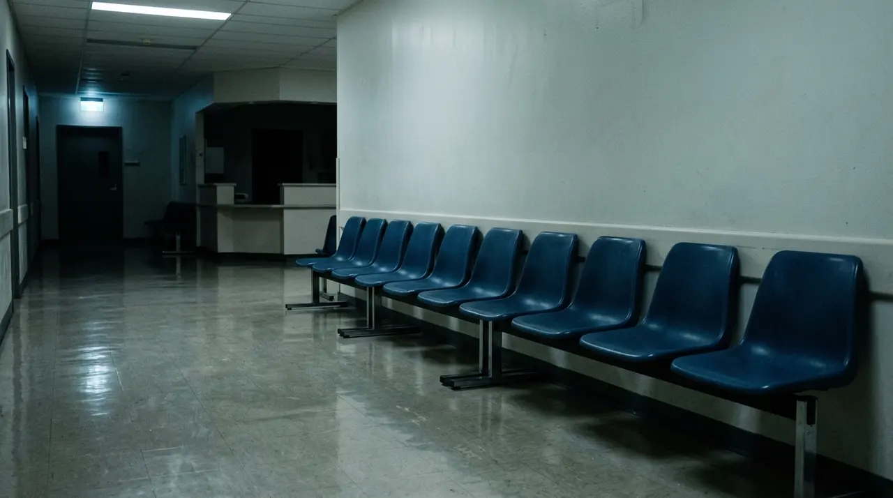 Sala d attesa deserta di un pronto soccorso di notte, con sedie vuote allineate lungo la parete
