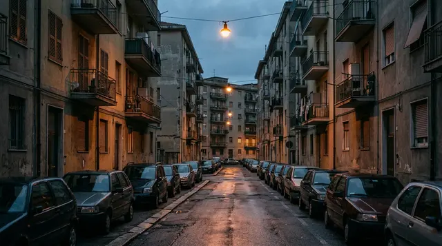 Strada residenziale deserta al crepuscolo nel quartiere dell'agguato a Trieste, auto in sosta e lampioni accesi