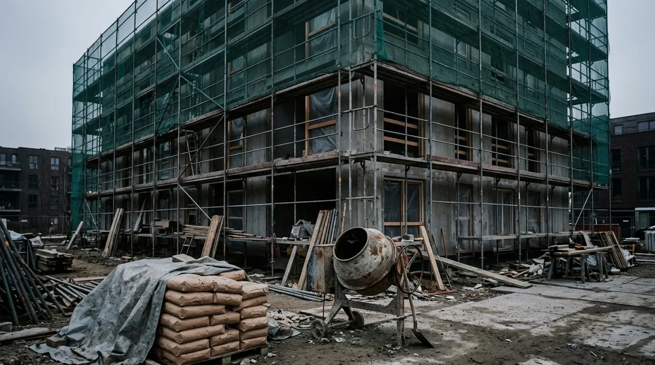 Cantiere edile residenziale vuoto con ponteggi metallici, rete di protezione verde, betoniera e sacchi di cemento accatastati
