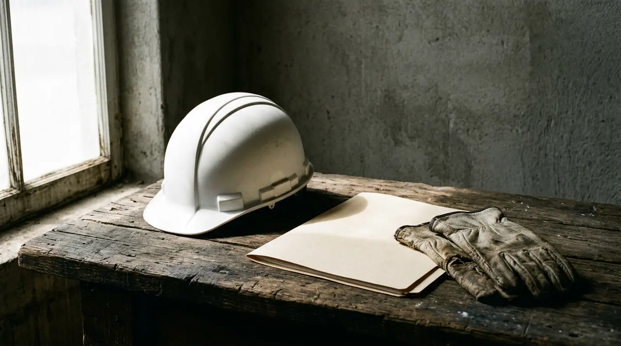 Casco bianco da cantiere, cartellina chiusa e guanti da lavoro consumati su un tavolo di legno grezzo