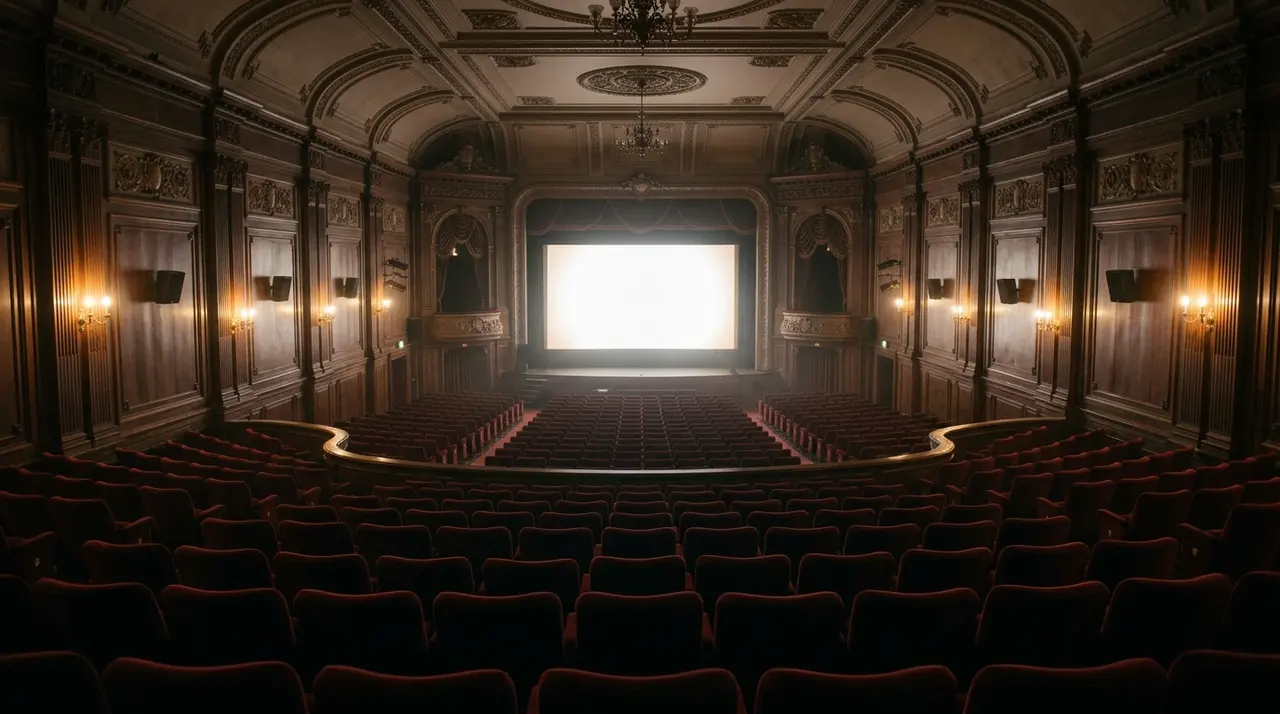 Sala cinematografica storica vuota con schermo acceso, la cornice del caso Dau a Venezia 83